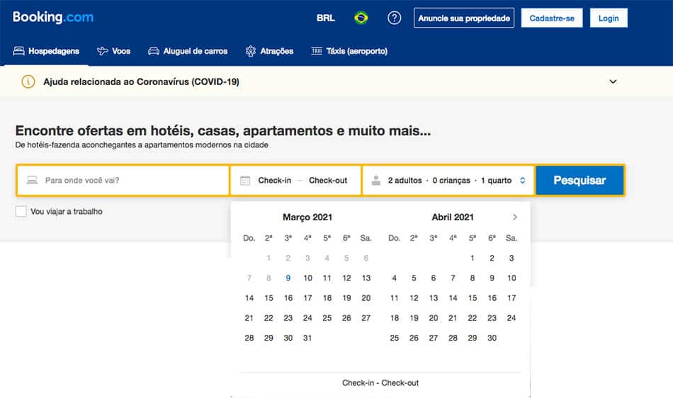 Tela inicial do site Booking.com