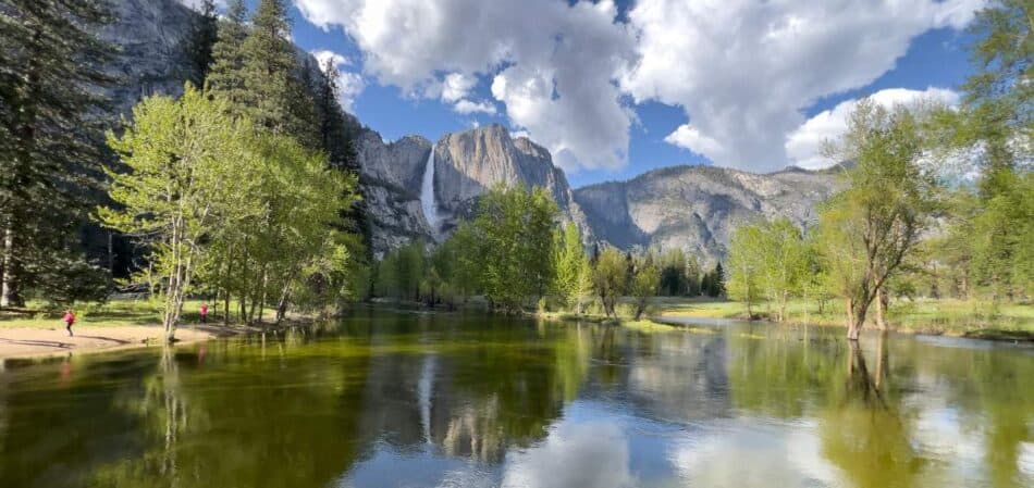 Paisagem natural no Yosemite National Park, na Califórnia, com árvores e uma cachoeira ao fundo