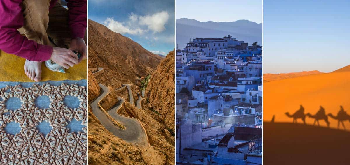 Montagem com fotos de 4 destinos turísticos no Marrocos: Fès, Boulmane Dadès, Chefchaouen e Merzouga, no deserto do Saara
