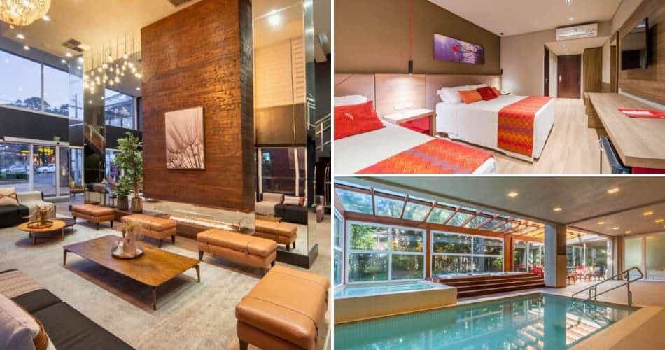 Fotos da recepção, quarto e piscina interna do Hotel Laghetto Stilo Borges em Gramado, RS