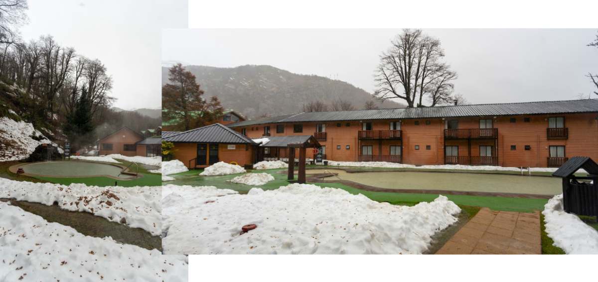 Montagem com fotos das piscinas termais no hotel Nevados de Chillan