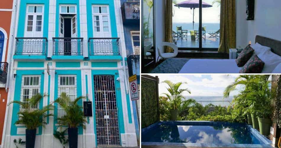 fachada, quarto e piscina do Aram Yamí Boutique Hotel em Salvador