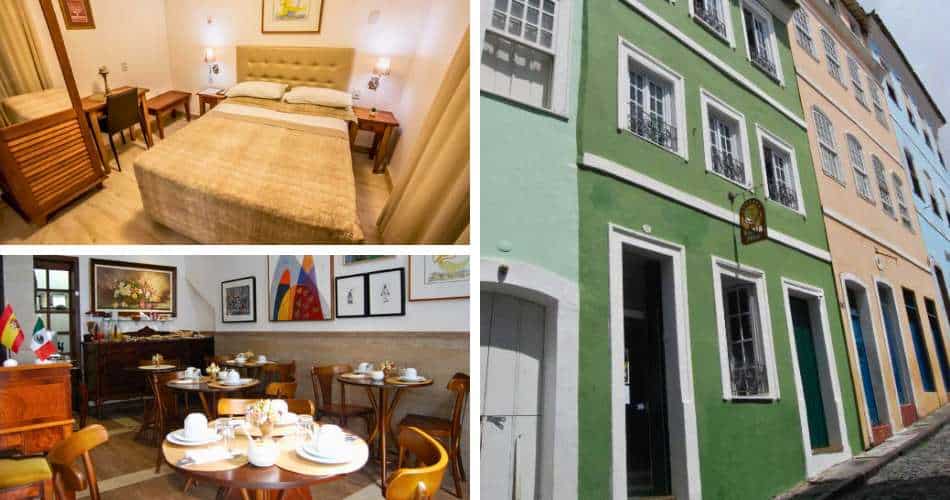 fachada, quarto e salão de café da manhã da Pousada Bahia Pelô em Salvador