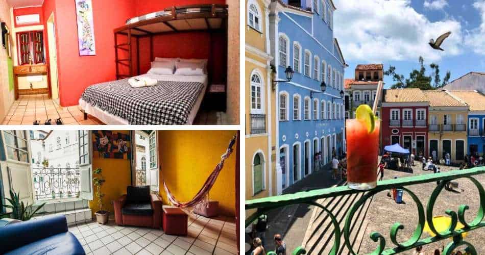 Quarto, área comum e vista da varanda do Hostel Cores do Pelô em Salvador