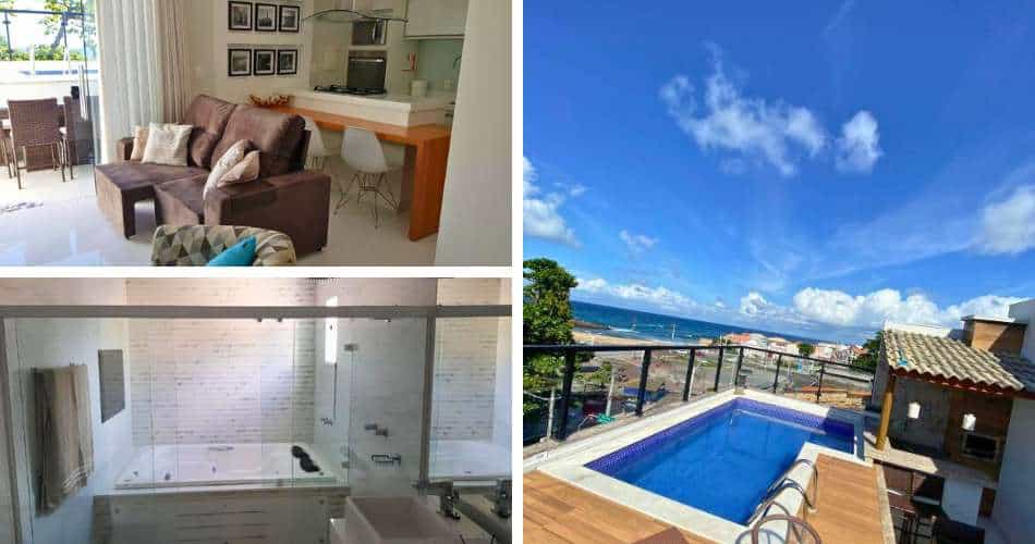 Piscina com vista para o mar, sala e banheira de hidromassagem de cobertura para alugar por temporada em Salvador.