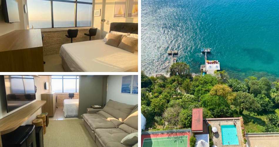 Quarto, sala e vista para o mar do Vitoria Marina Flat em Salvador